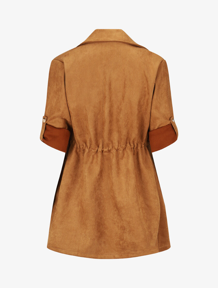 Veste longue unie en suédine - Camel - 2