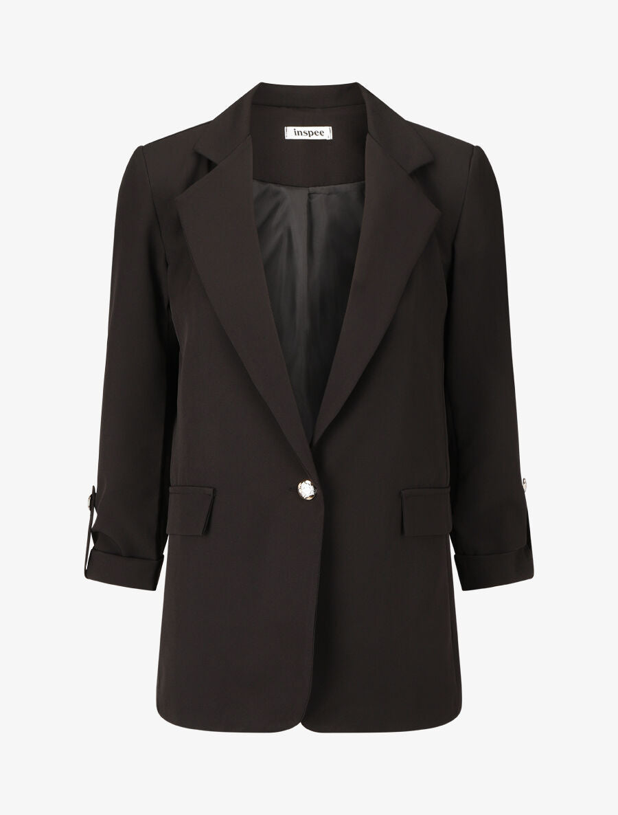Blazer mi-long uni boutonné - Noir - 4