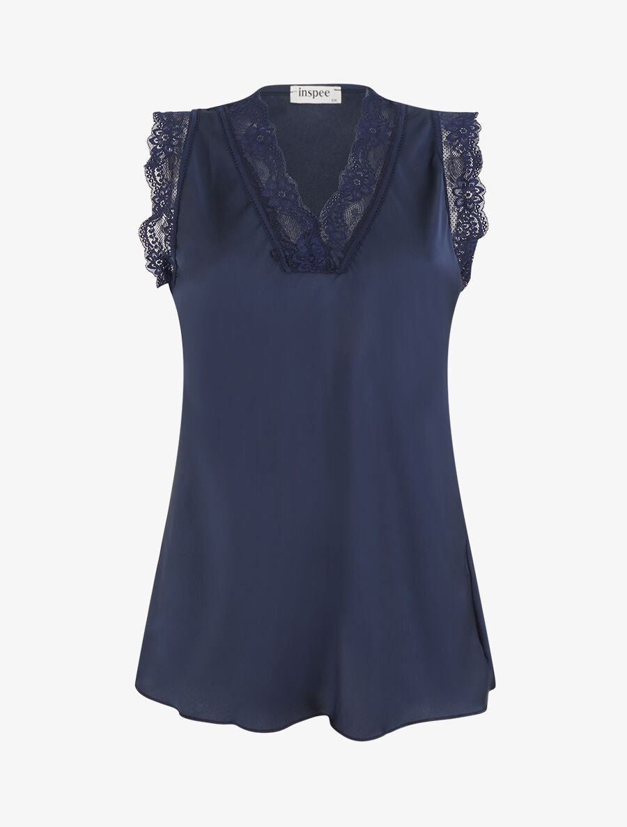 Top satiné à détail dentelle - Marine - 1