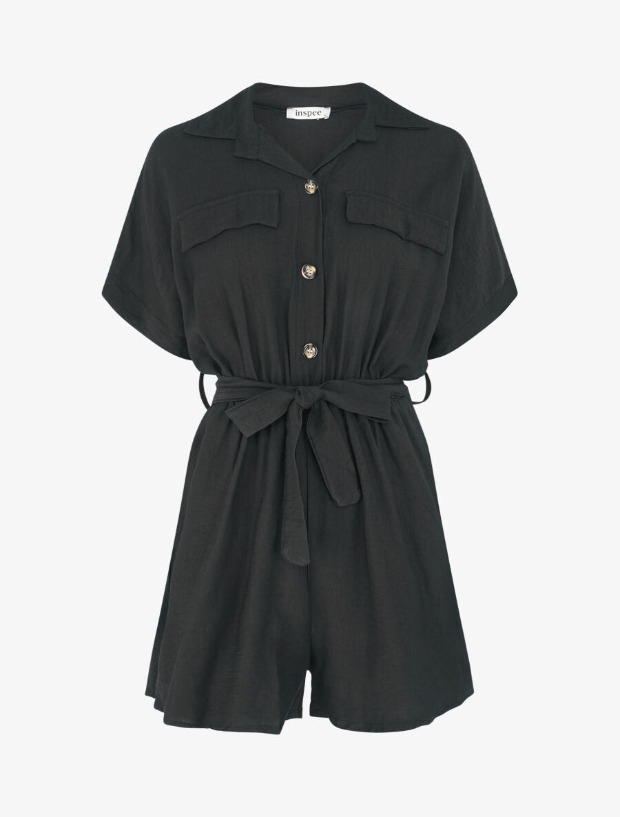 Combishort uni ceinturé - Noir - 1