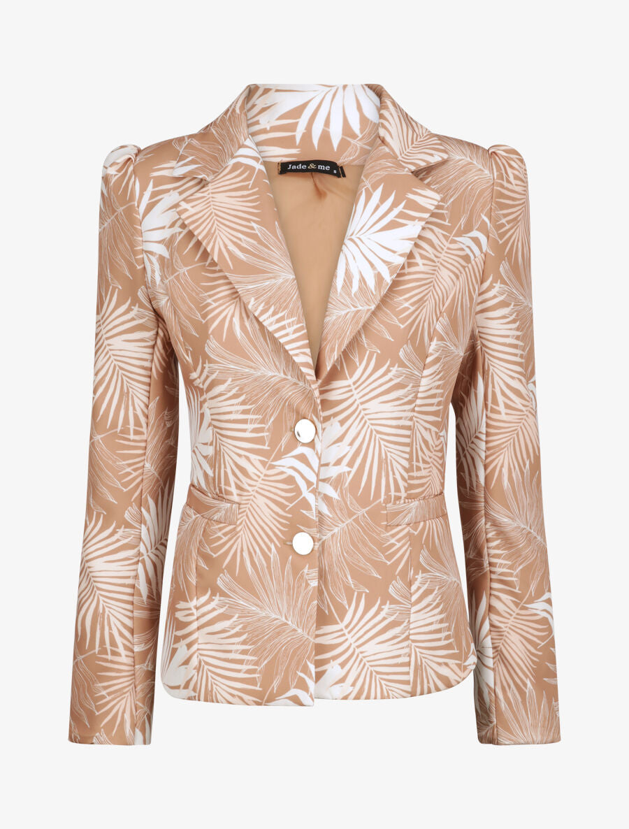 Blazer ajustée imprimé feuilles tropicales - Camel - 1