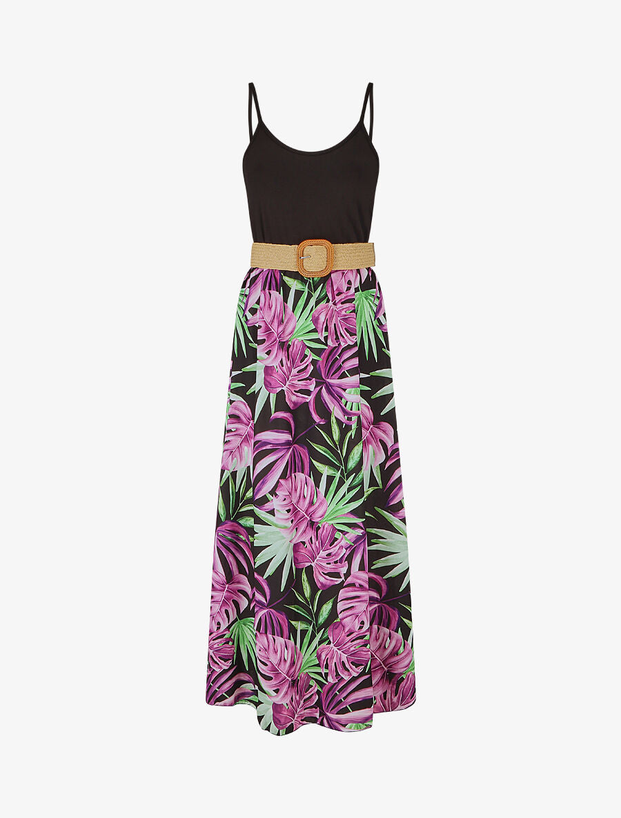 Robe bicolore imprimé feuilles tropicales - Noir - 1