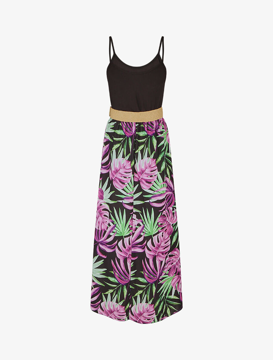 Robe bicolore imprimé feuilles tropicales - Noir - 2