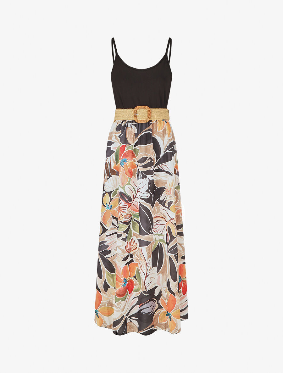 Robe bicolore imprimé tropical - Noir - 1