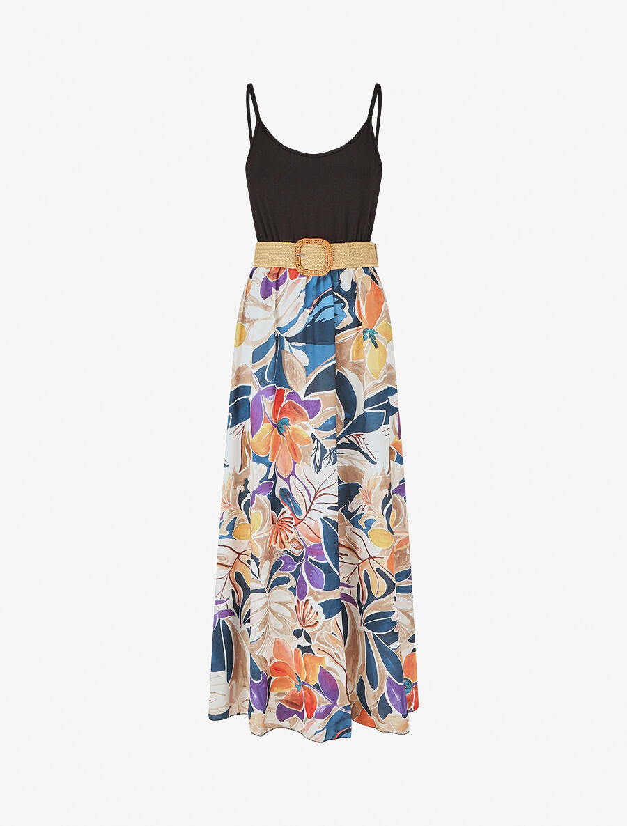 Robe bicolore imprimé tropical - Marine - 1