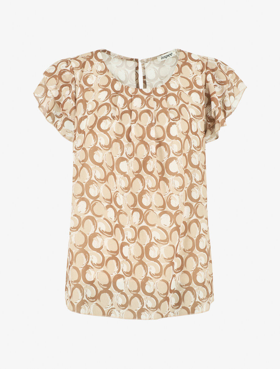 Top droit graphique manches courtes volantées - Beige - 1