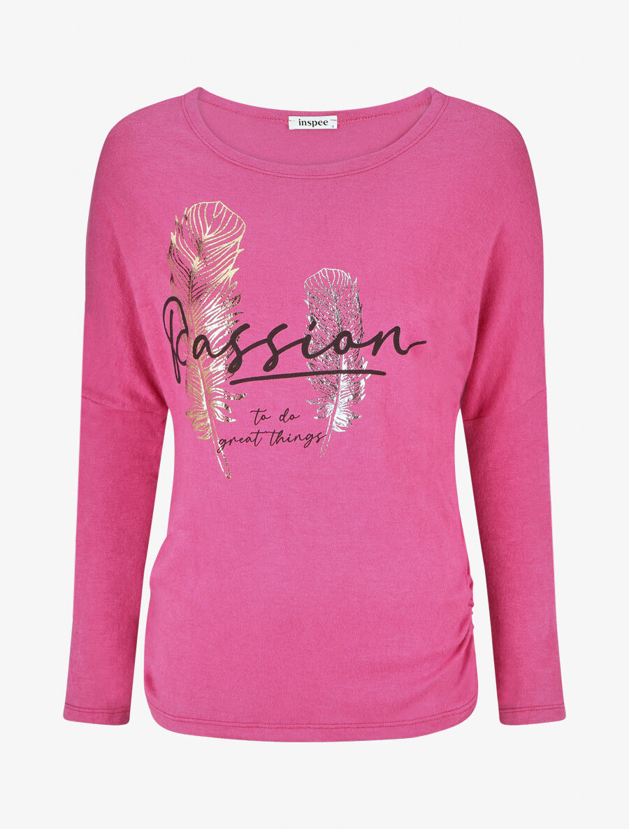 Pull fin à message floqué - Fushia - 1