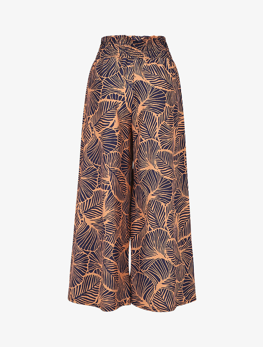 Pantalon ample taille haute imprimé feuilles - Marine - 2