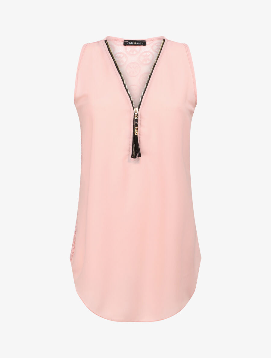 Top droit uni à dos en dentelle - Rose pâle - 4