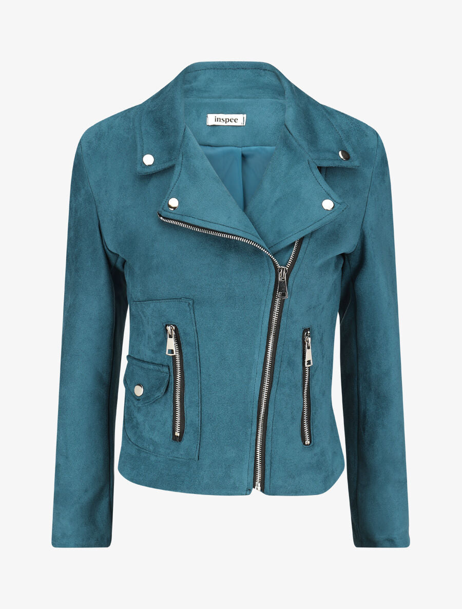 Veste en suédine à zip décoratif - Bleu canard - 1