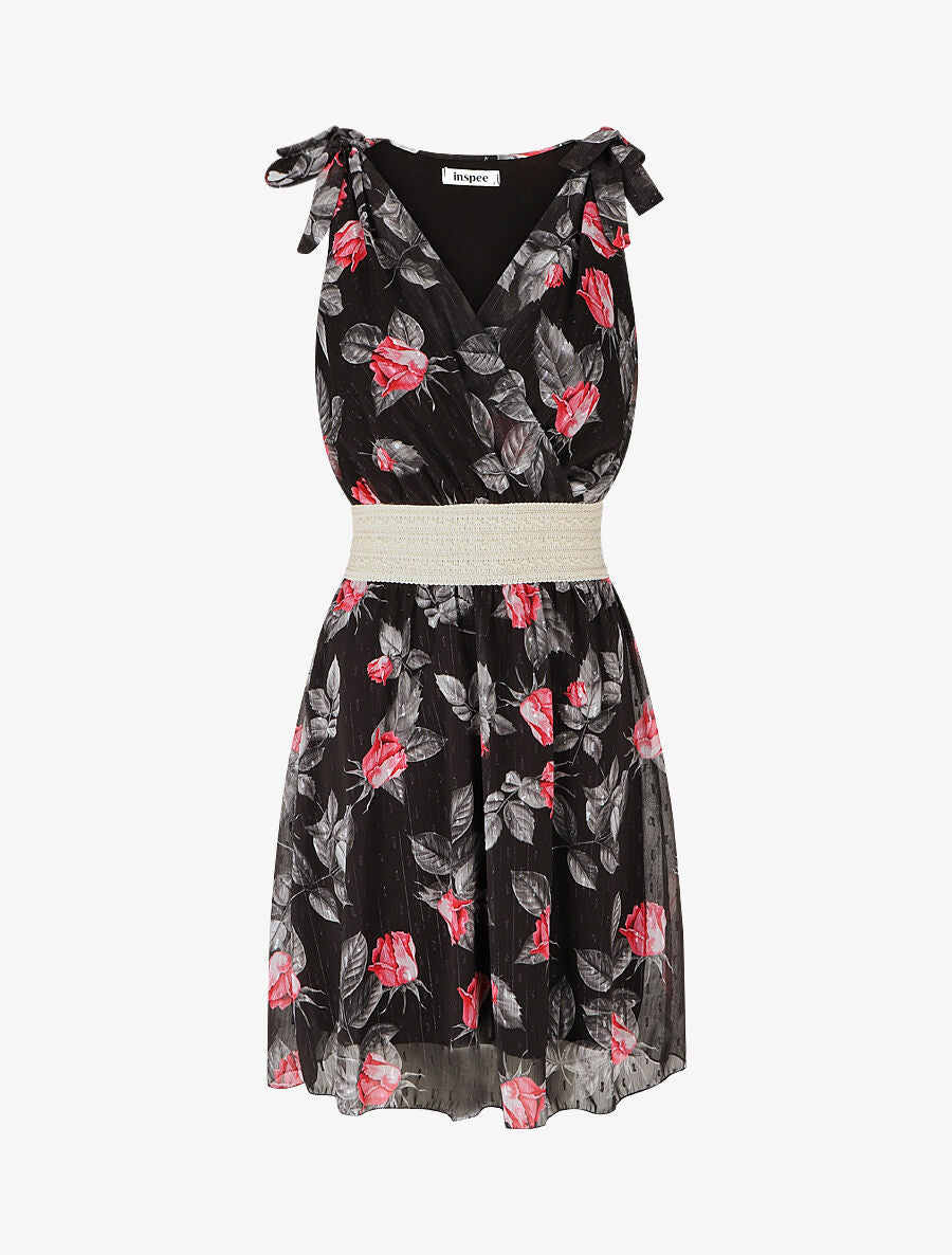 Robe mi-longue sans manches imprimé roses - Noir - 4