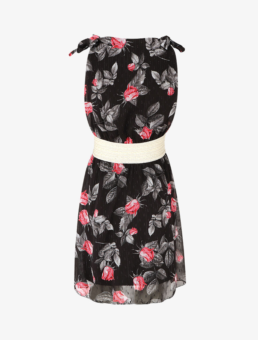 Robe mi-longue sans manches imprimé roses - Noir - 2