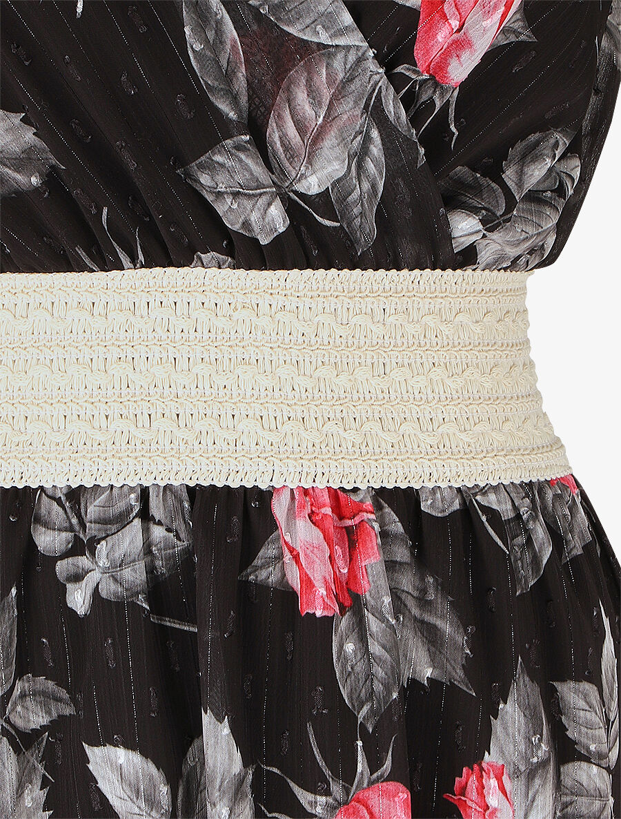 Robe mi-longue sans manches imprimé roses - Noir - 3