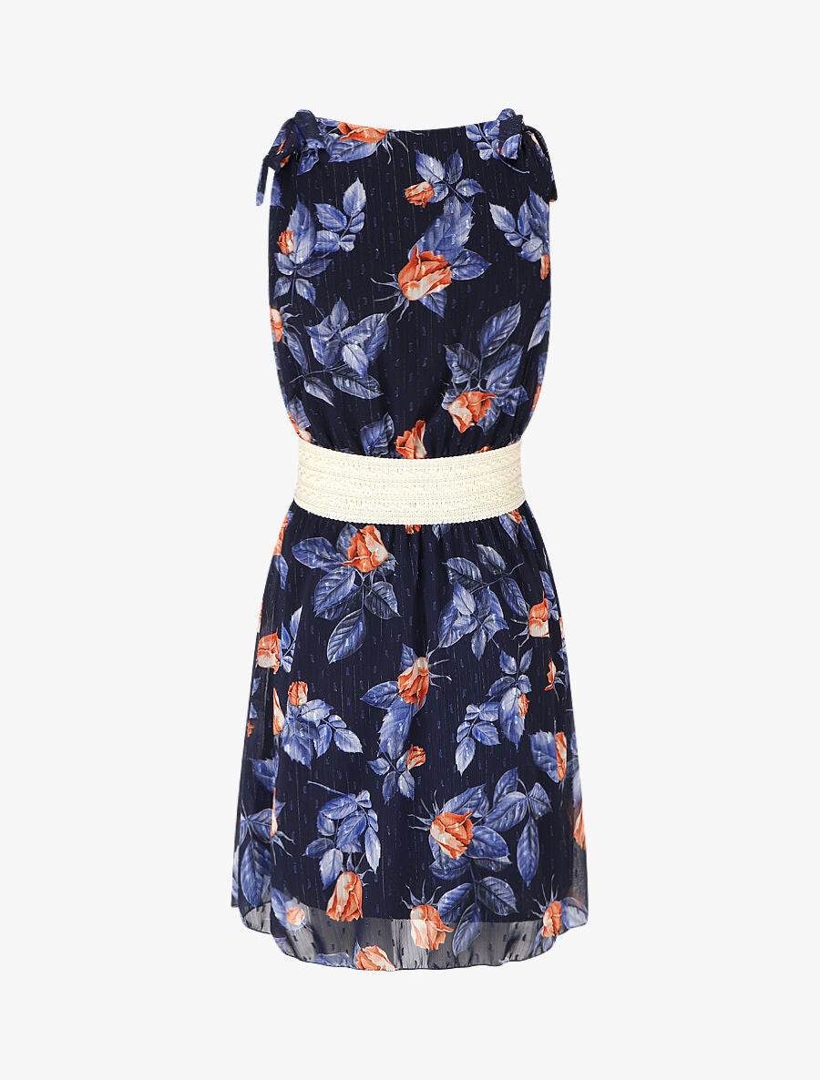 Robe mi-longue sans manches imprimé roses - Marine - 2