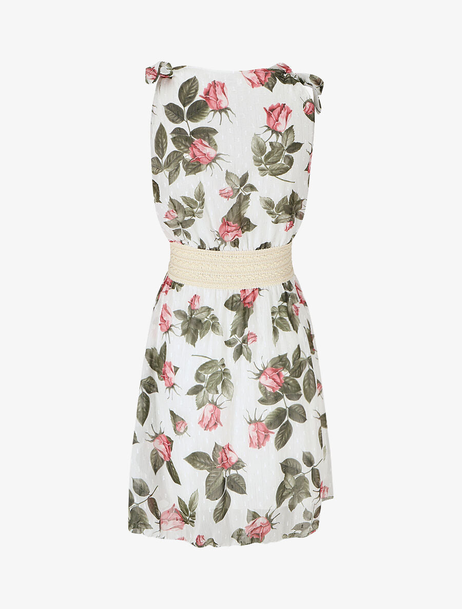 Robe mi-longue sans manches imprimé roses - Blanc - 2