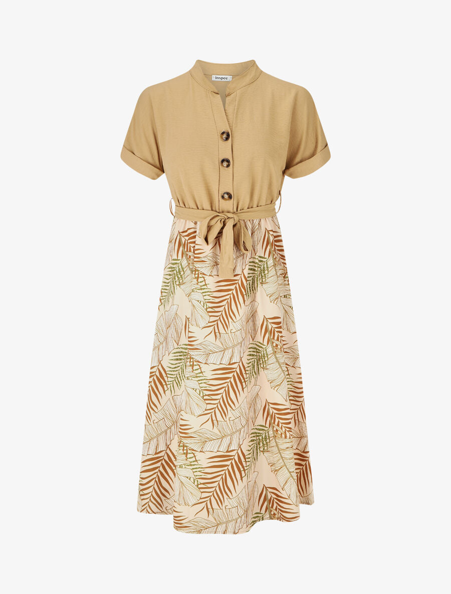 Robe midi manches courtes motif tropical - Beige - 5