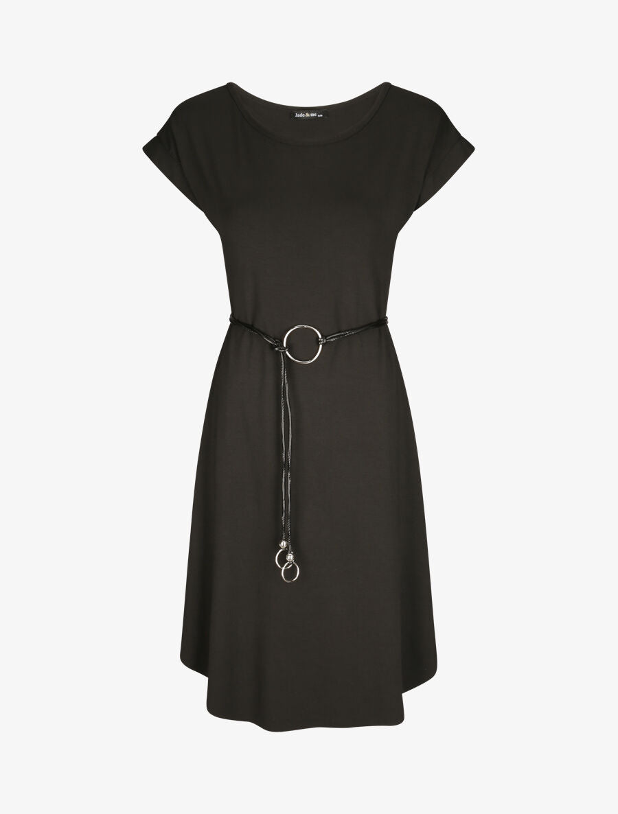 Robe mi-longue droite unie à manches courtes - Noir - 1