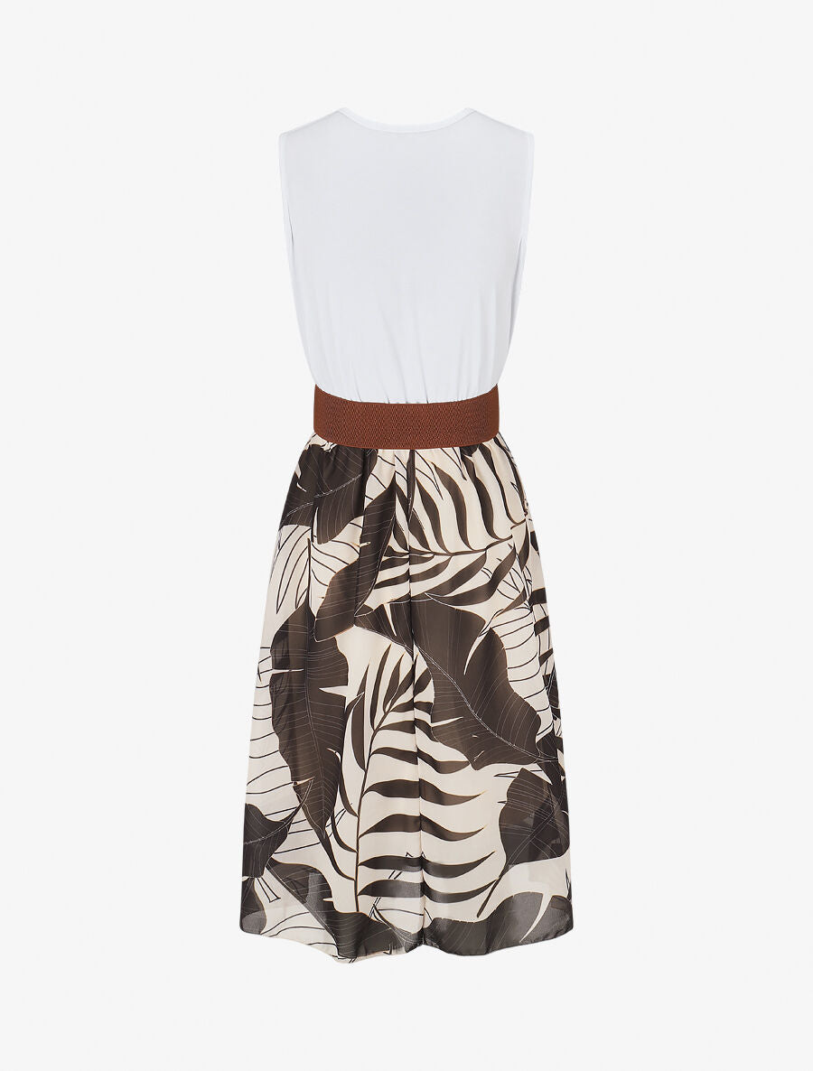 Robe élastiquée à jupe imprimé feuilles - Noir - 2