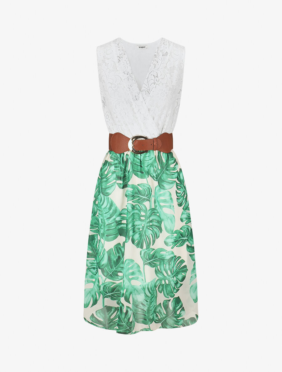Robe élastiquée à jupe imprimé tropical - Beige - 5