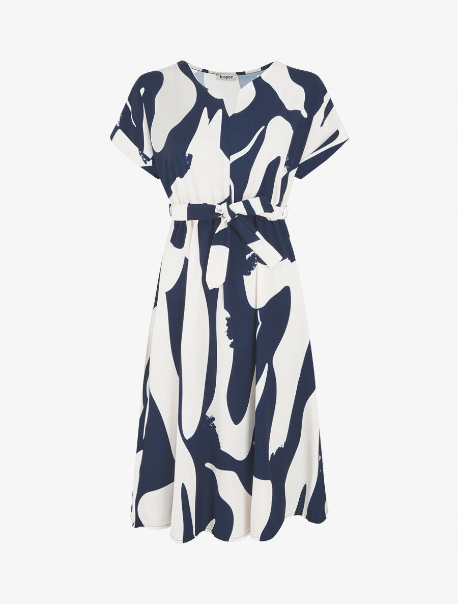 Robe élastiquée imprimé abstrait - Marine - 1