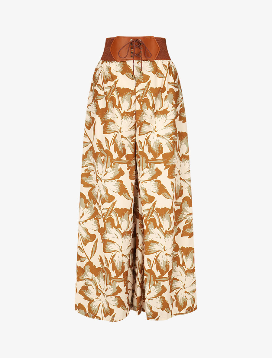 Pantalon imprimé fleurs à taille haute - Camel - 1