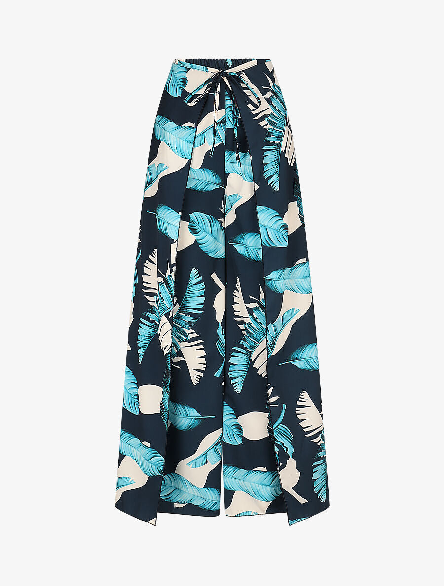 Pantalon à pans à nouer imprimé feuilles - Marine - 4