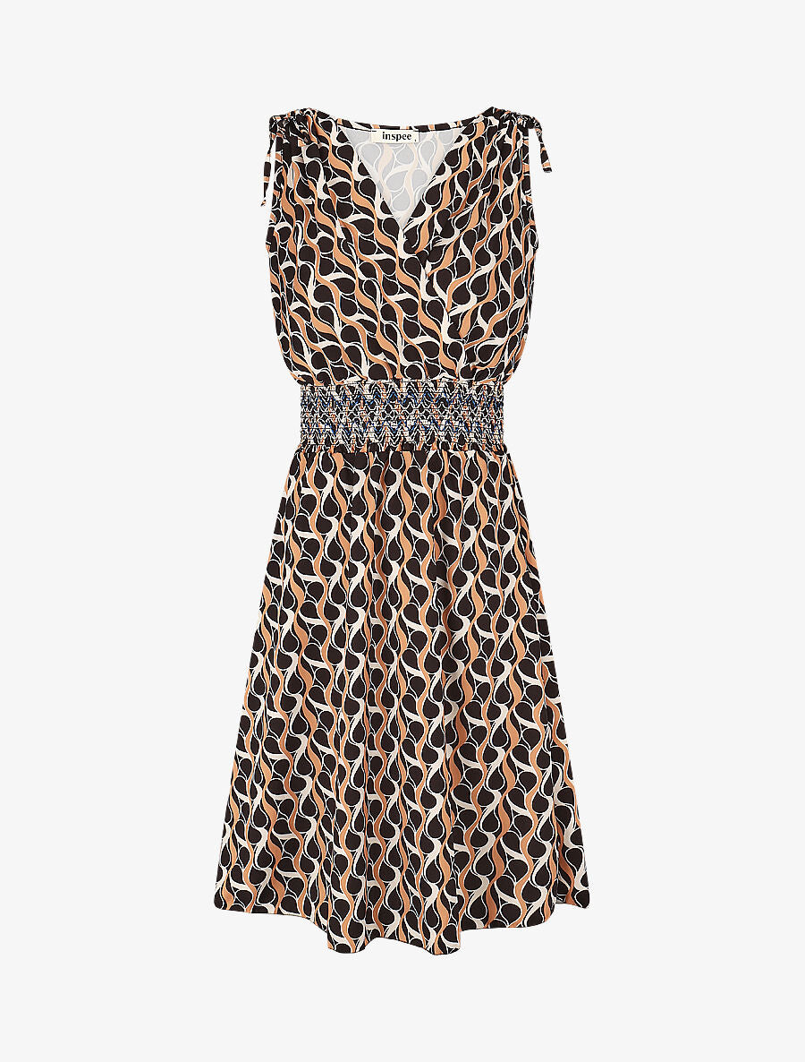 Robe à taille élastiquée imprimé rétro - Noir - 4