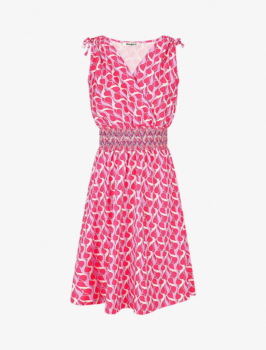Robe à taille élastiquée imprimé rétro - Fushia - 1