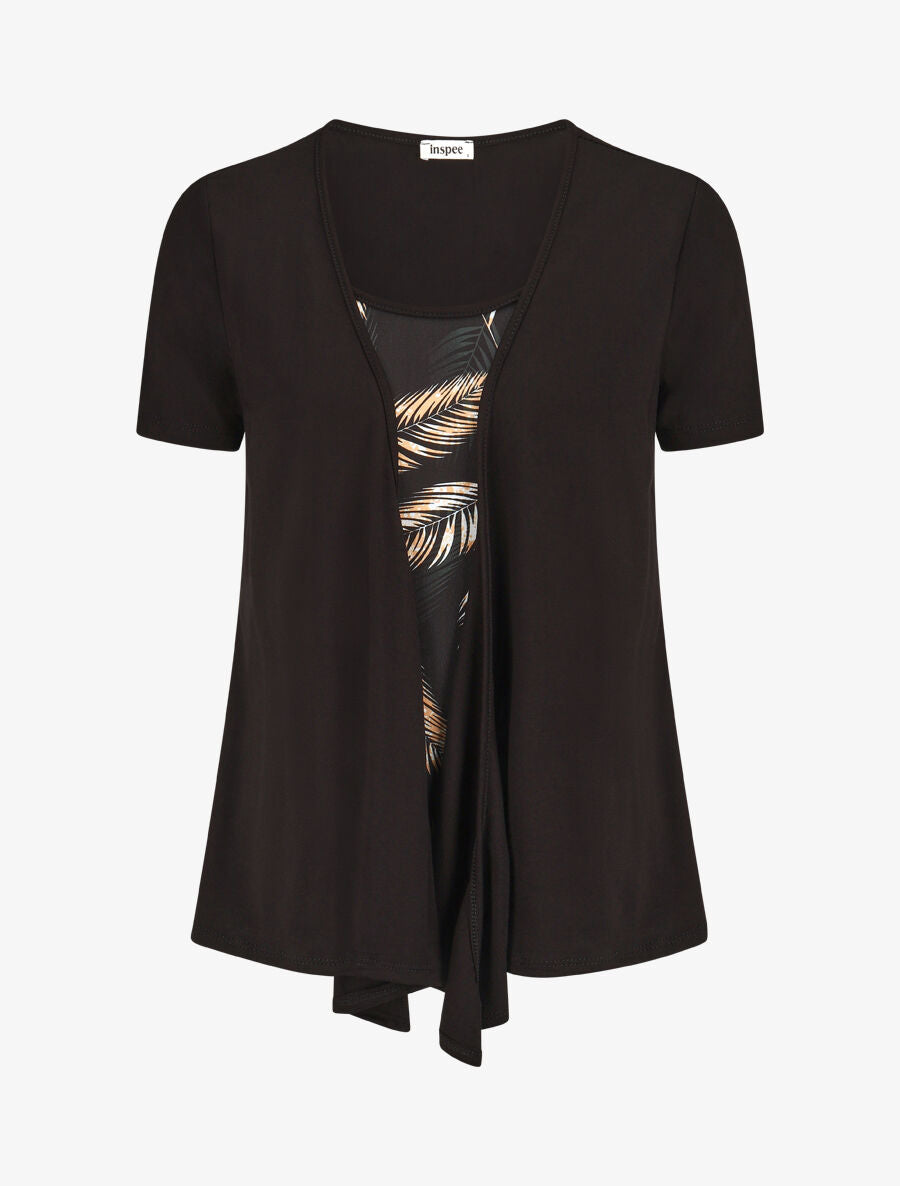 Top manches courtes style gilet ouvert imprimé tropical - Noir - 1