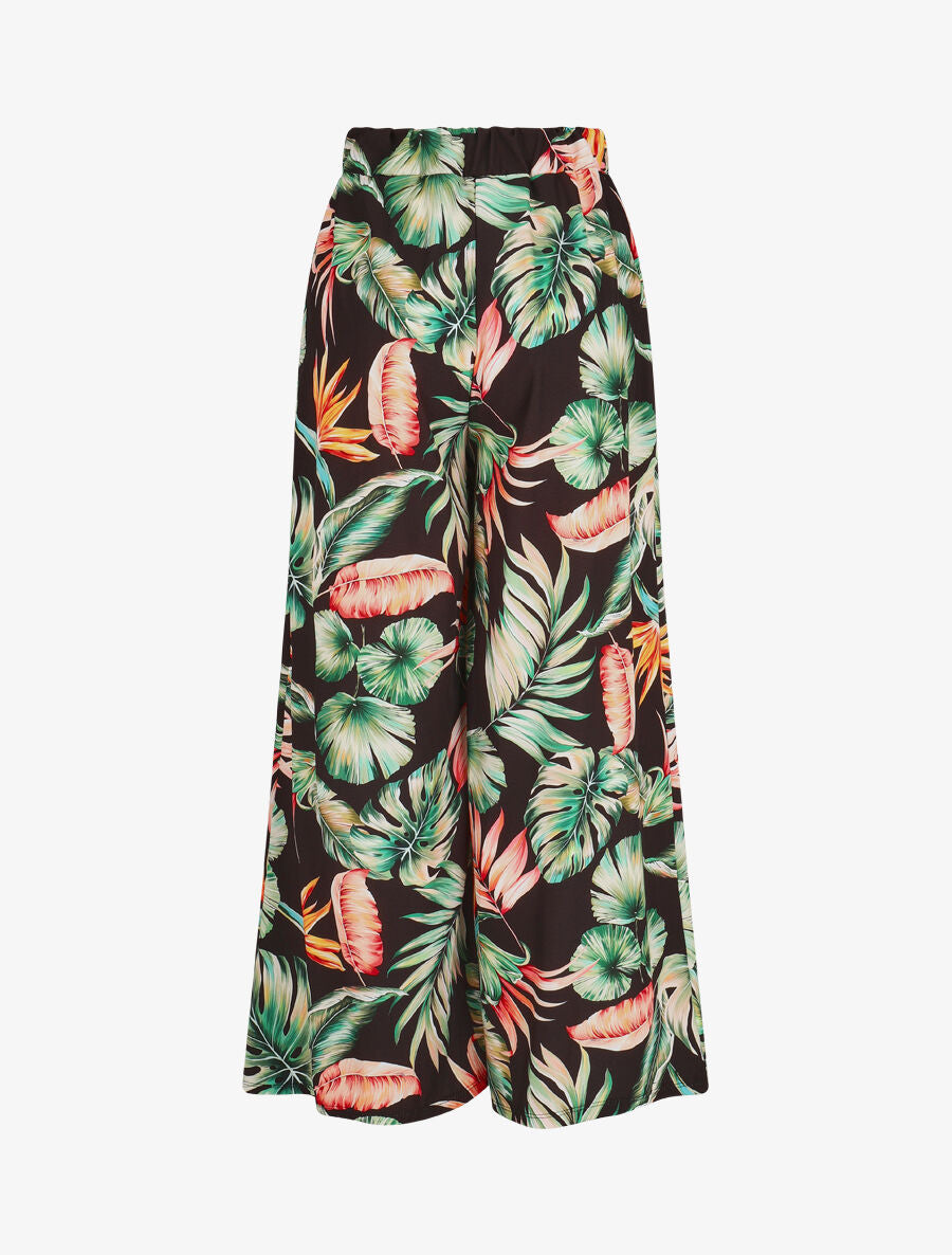 Pantalon ample taille haute motif tropical - Noir - 2