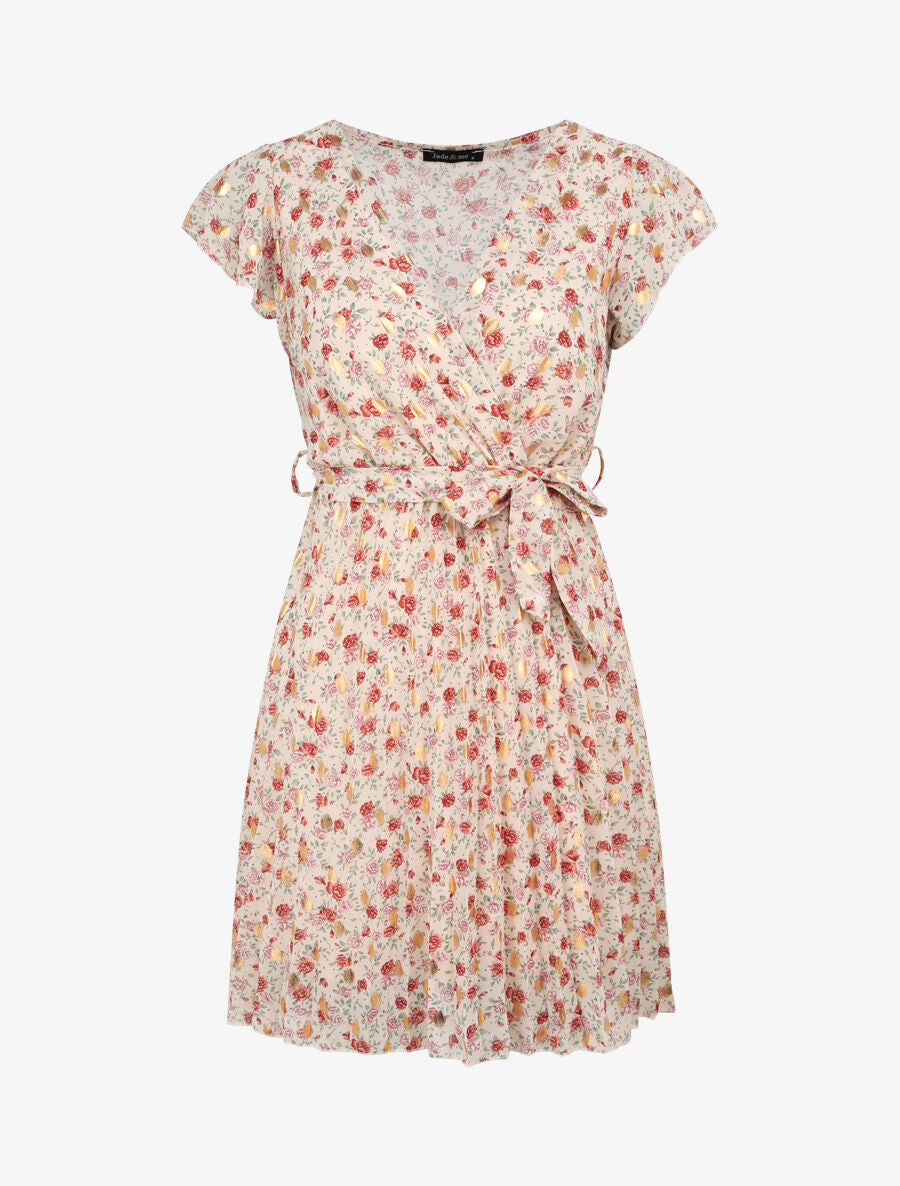 Robe empire courte imprimé roses irisées - Blanc - 5