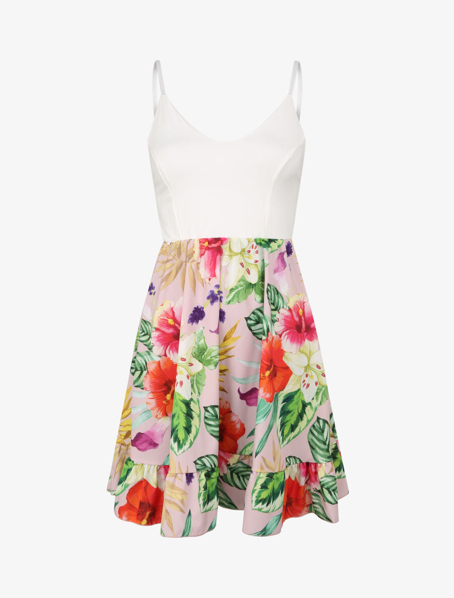 Robe patineuse courte imprimé hibiscus - Rose pâle - 1