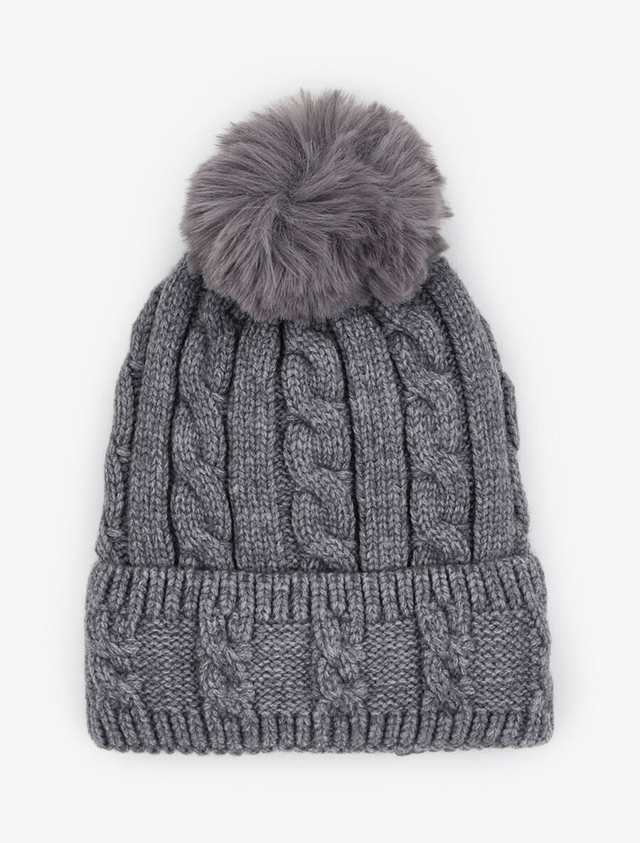Bonnet en maille tressée à pompon - Gris foncé - 1