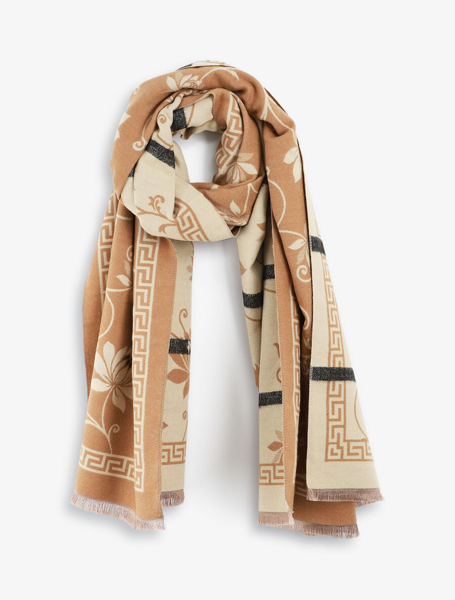 Echarpe en laine mélangée imprimé grec et fleurs - Beige - 1