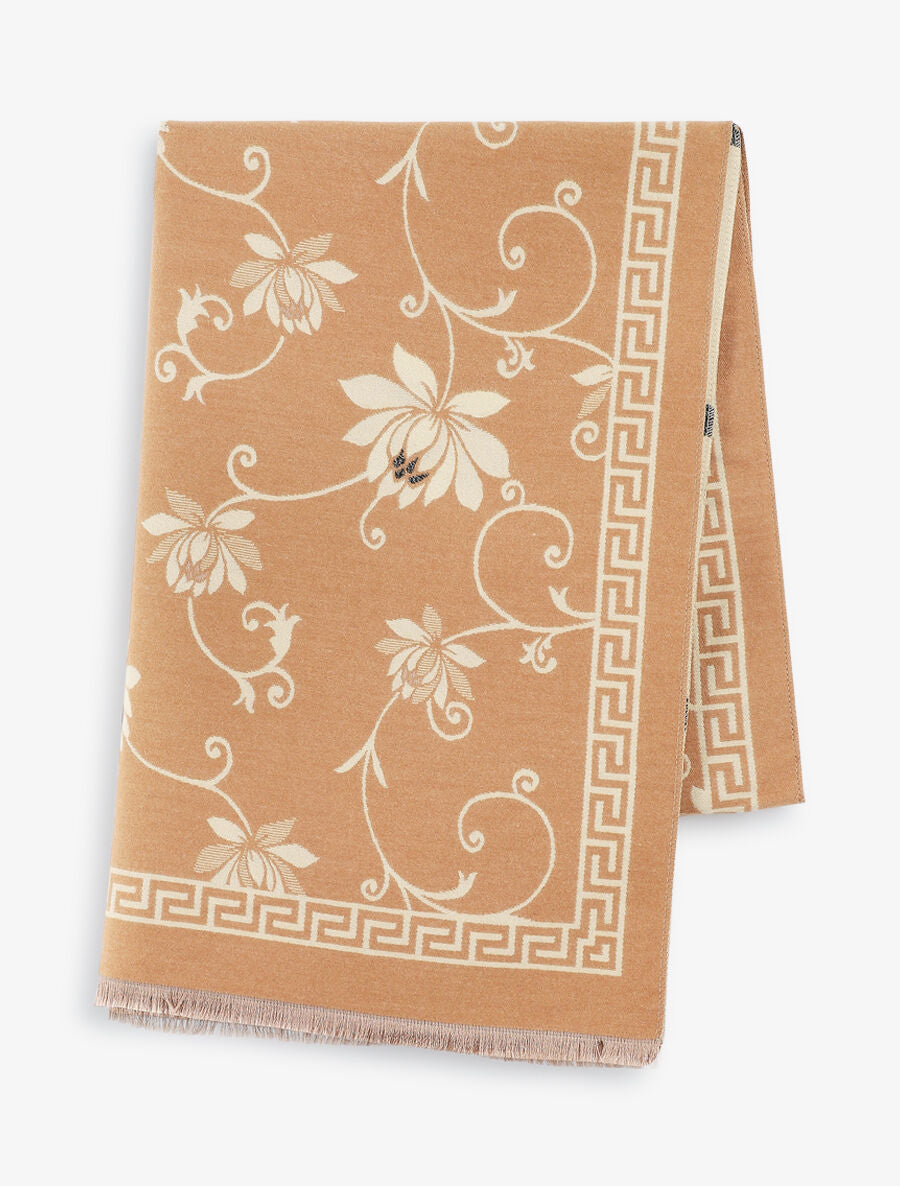 Echarpe en laine mélangée imprimé grec et fleurs - Beige - 2