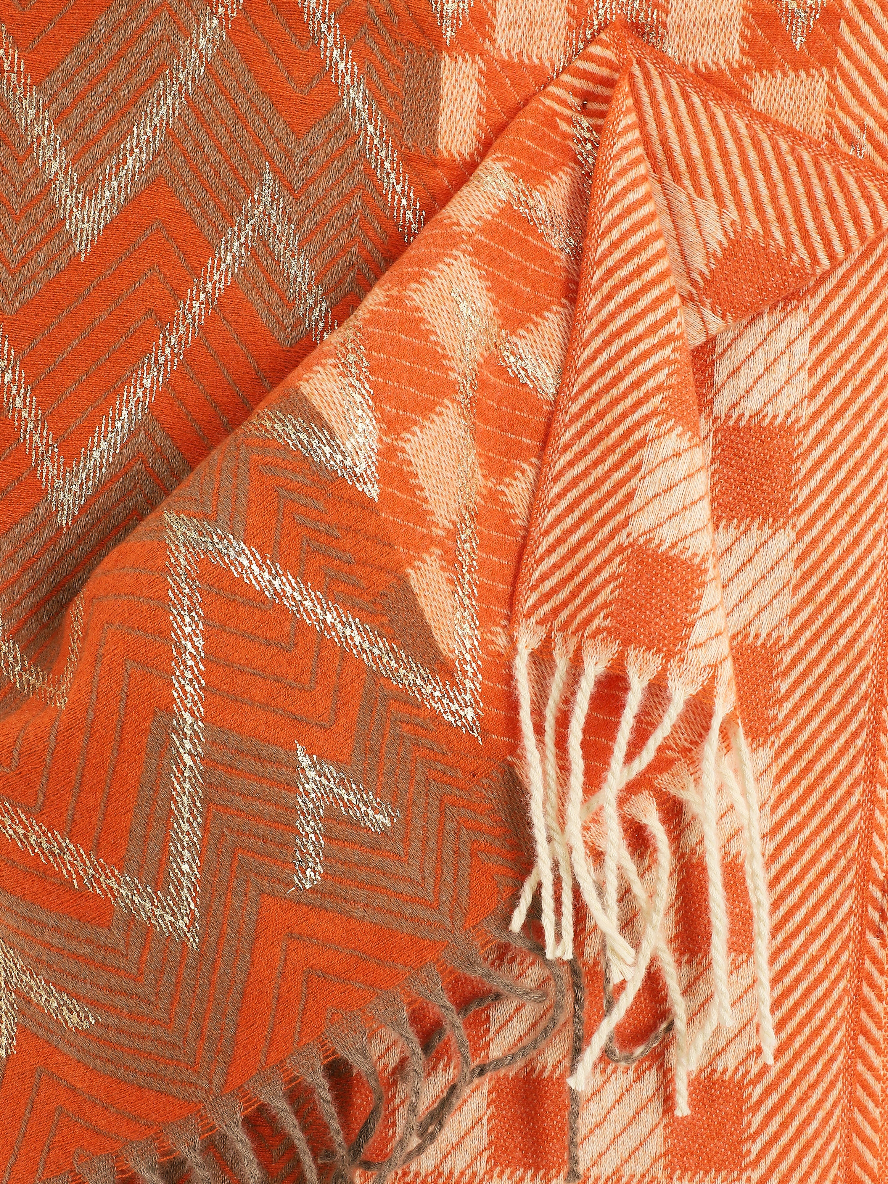 Echarpe en laine mélangée imprimé damiers et zigzag - Orange - 3