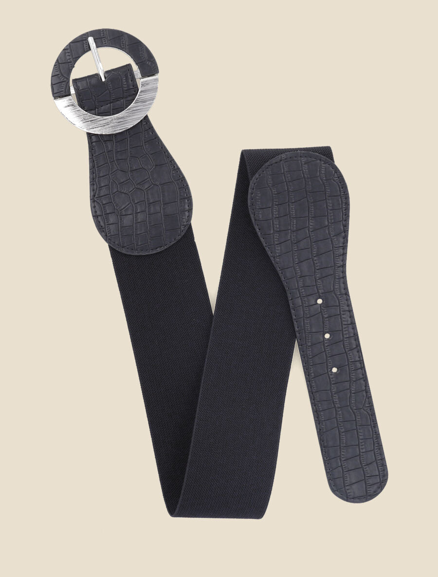 Ceinture effet croco à boucle ronde - Noir - 1