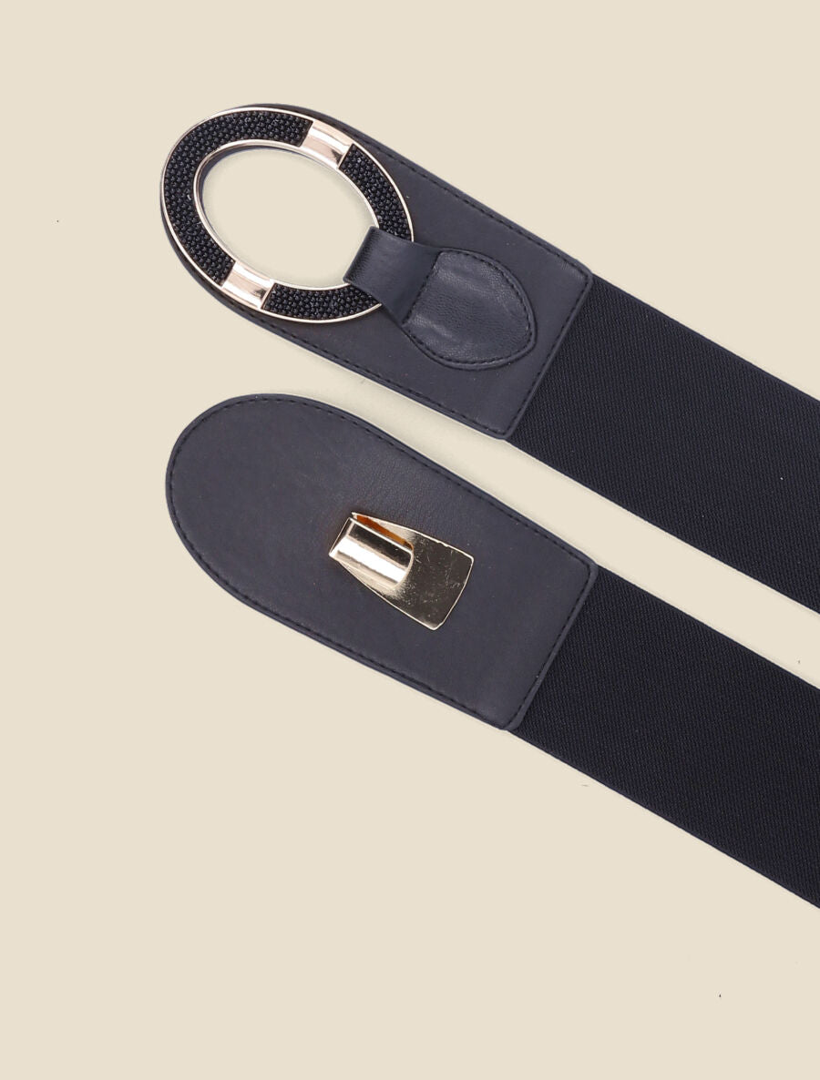 Ceinture bi-matière à boucle ornée de perles - Noir - 2
