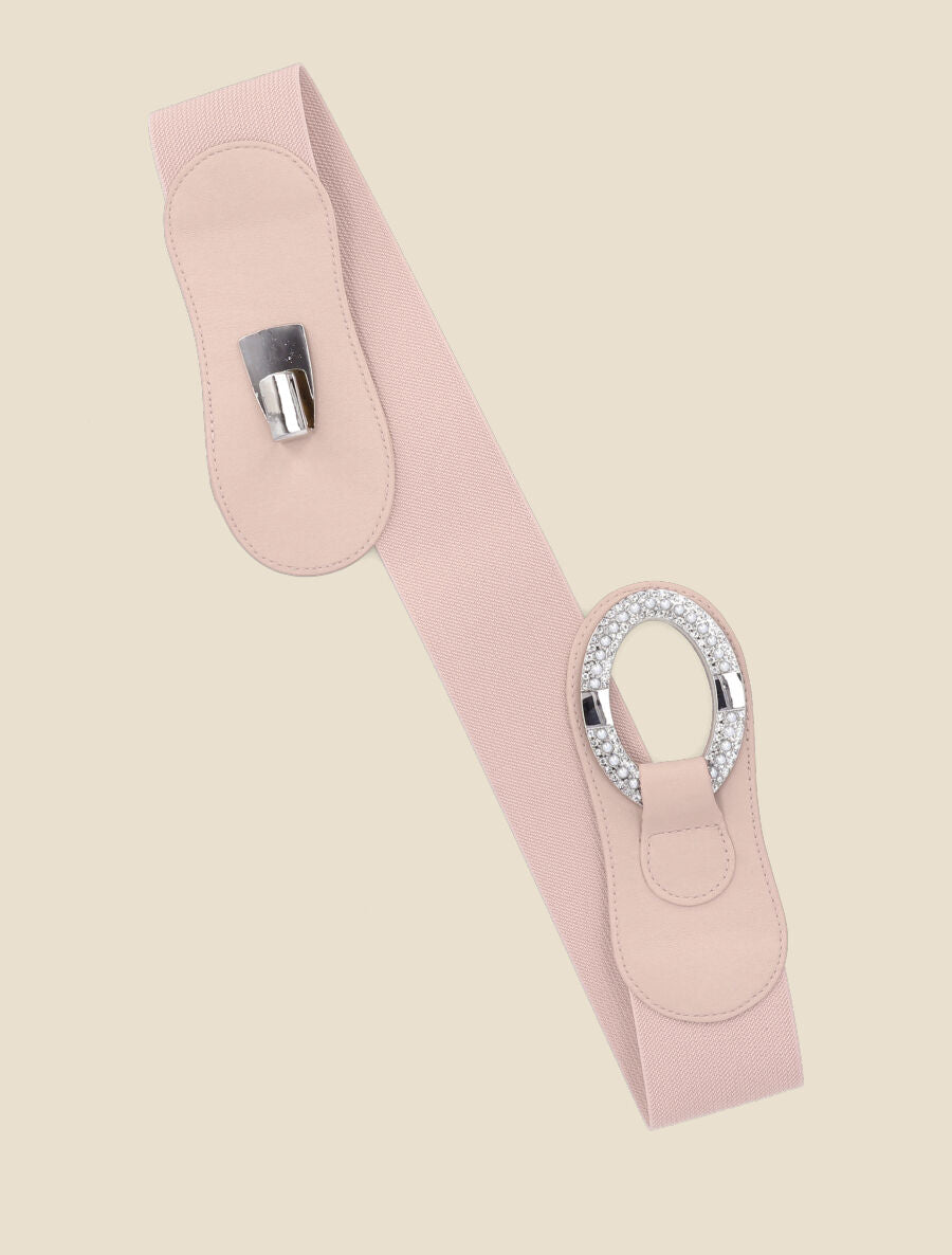 Ceinture bi-matière à boucle ornée de strass et de perles - Rose - 1