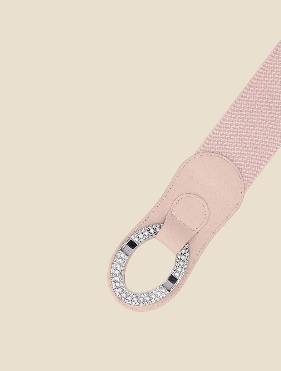 Ceinture bi-matière à boucle ornée de strass et de perles - Rose - 2