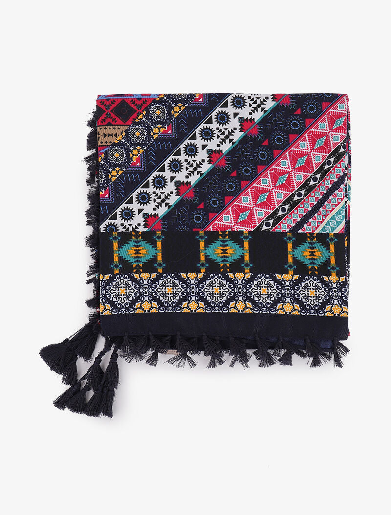 Foulard carré à imprimé aztèque et bords à pompons - Marine - 2