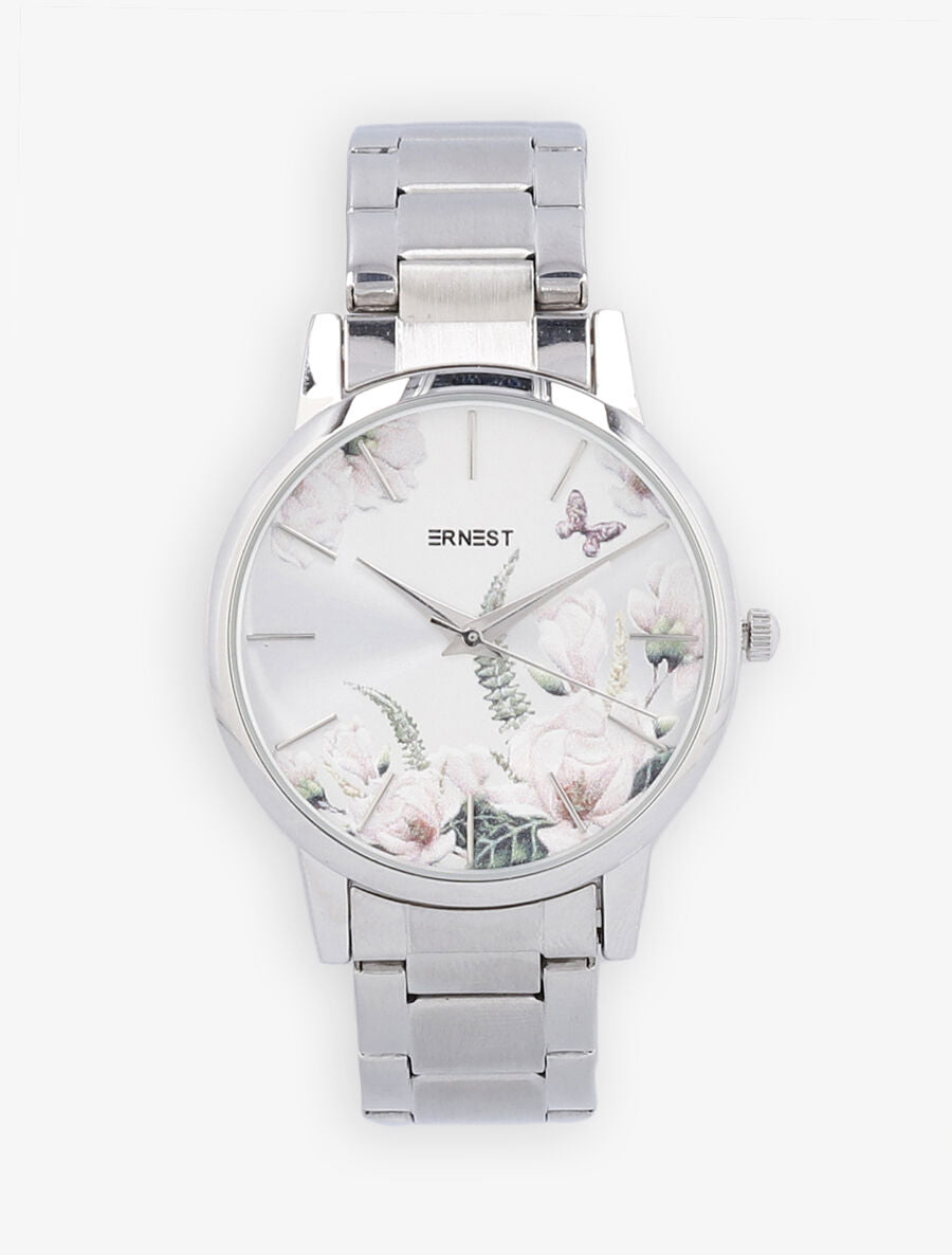 Montre métallique à motif floral - Argent - 2