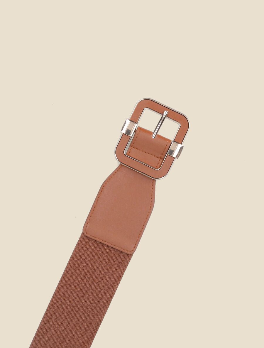 Ceinture stretch en simili à boucle carrée - Camel - 2