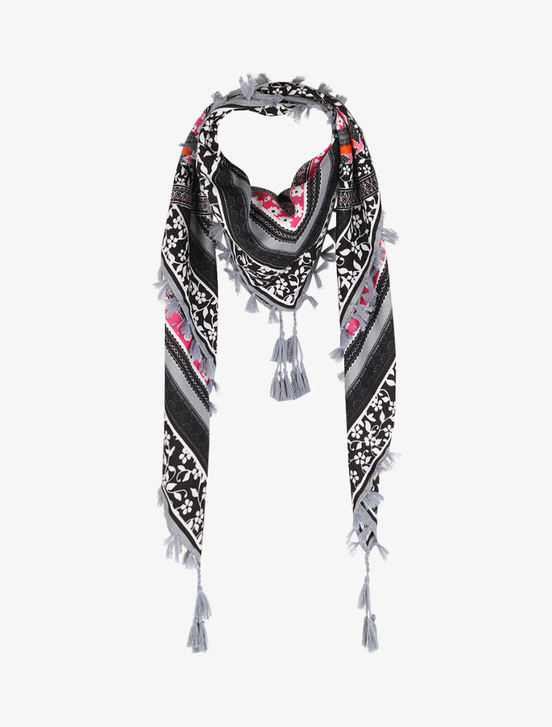 Foulard à imprimé multi-fleurs style patchwork et bords à pompons - Gris - 1