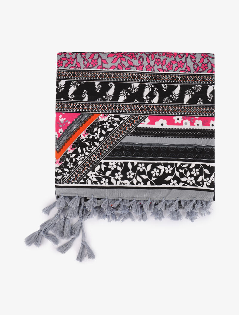 Foulard à imprimé multi-fleurs style patchwork et bords à pompons - Gris - 2