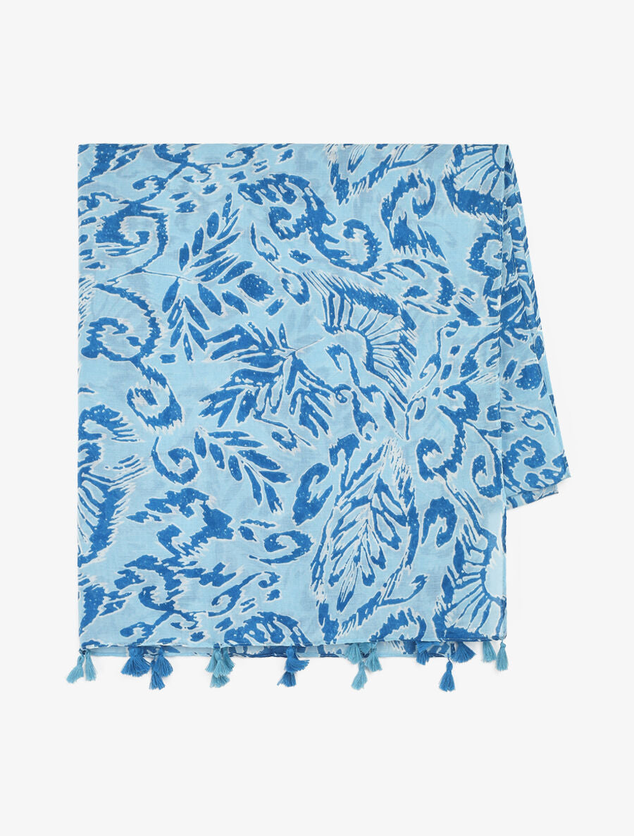 Foulard à pompons imprimé feuilles abstraites - Bleu - 2