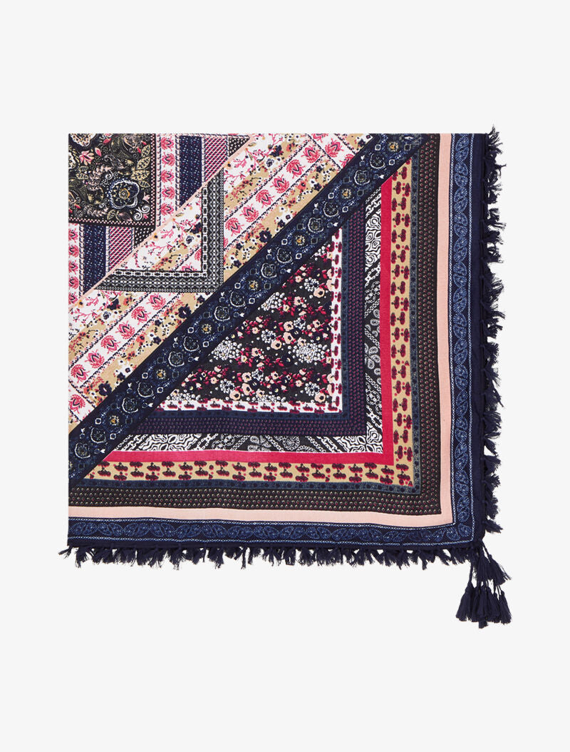 Foulard carré à imprimé patchwork à fleurs et bords à pompons - Bleu marine - 2