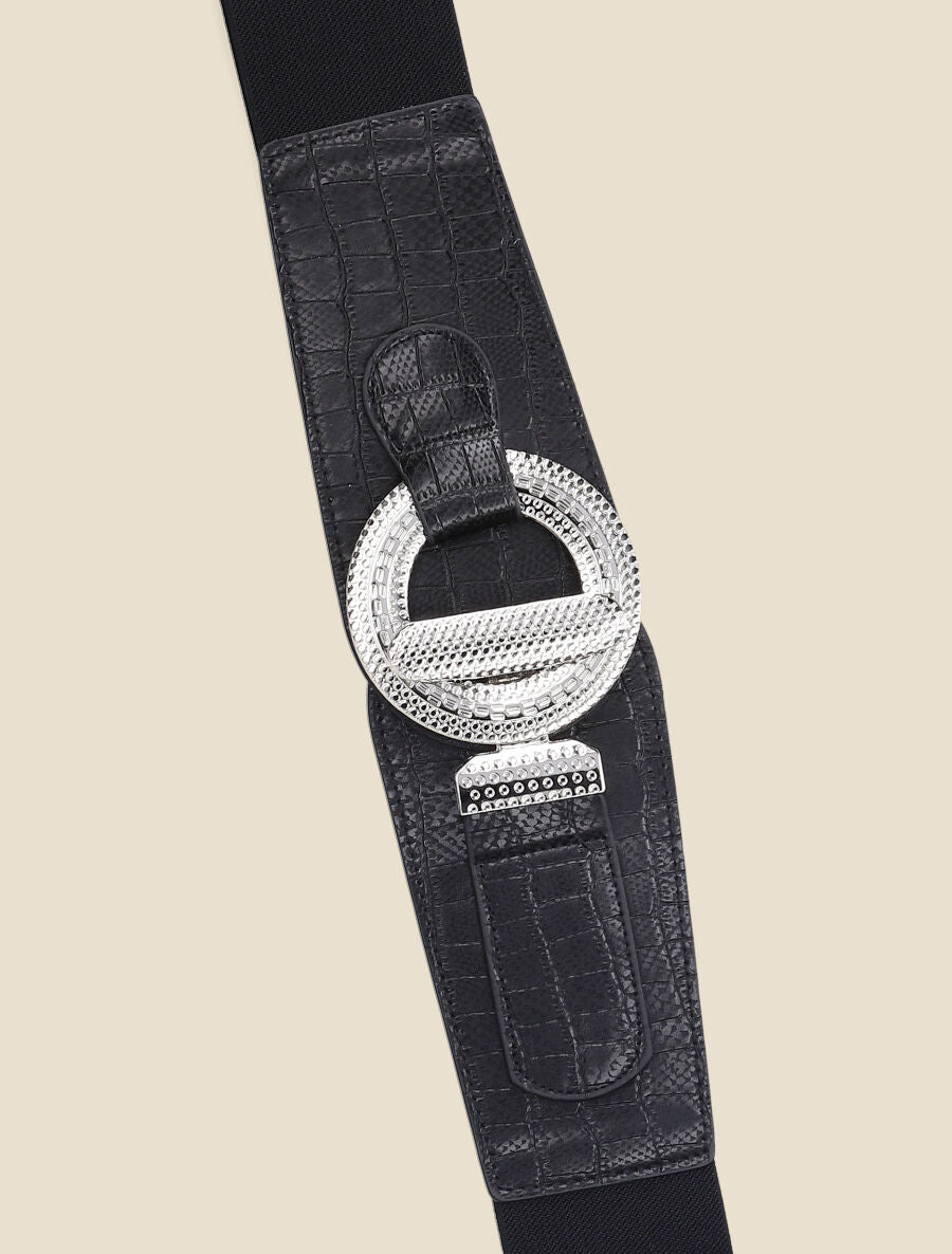 Ceinture bi-matière imprimé croco et boucle ronde - Noir - 2