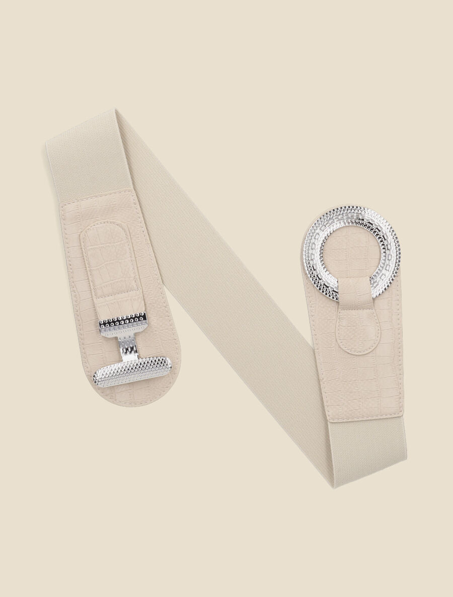 Ceinture bi-matière imprimé croco et boucle ronde - Beige - 3