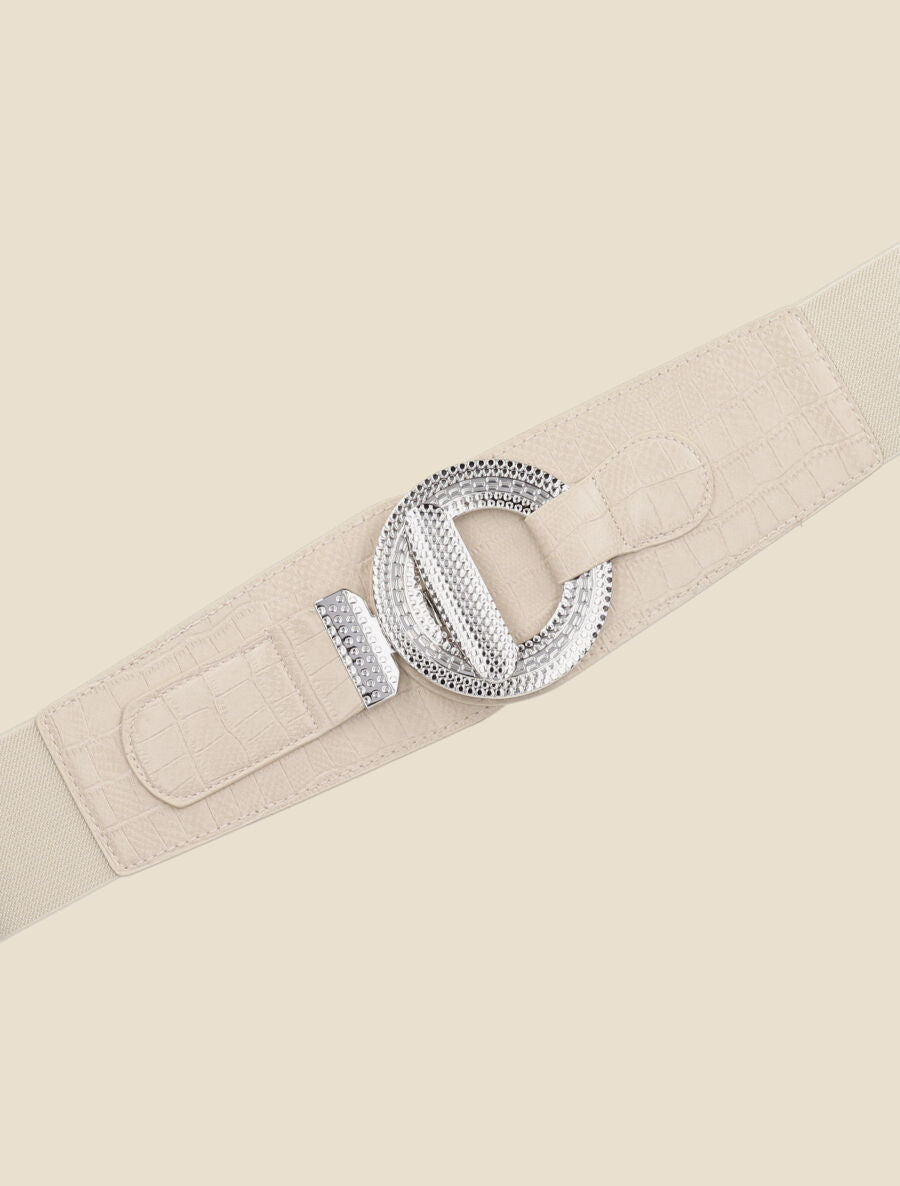 Ceinture bi-matière imprimé croco et boucle ronde - Beige - 2